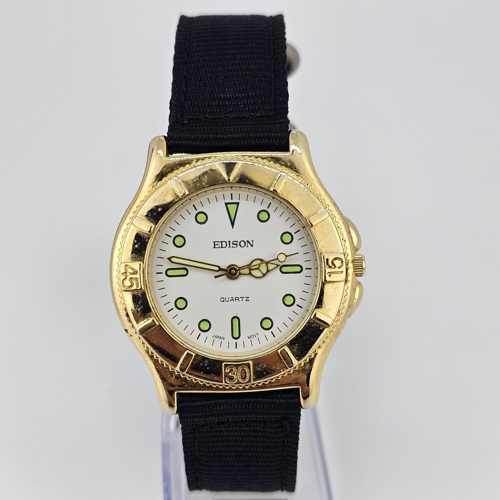 Edison Watch‎ Men 38MM White Dial Gold Case New Black Canvas Bands New Battery